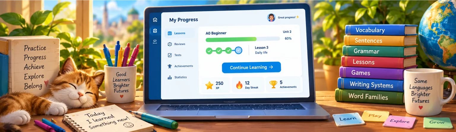 Guided course progress, reviews and achievements